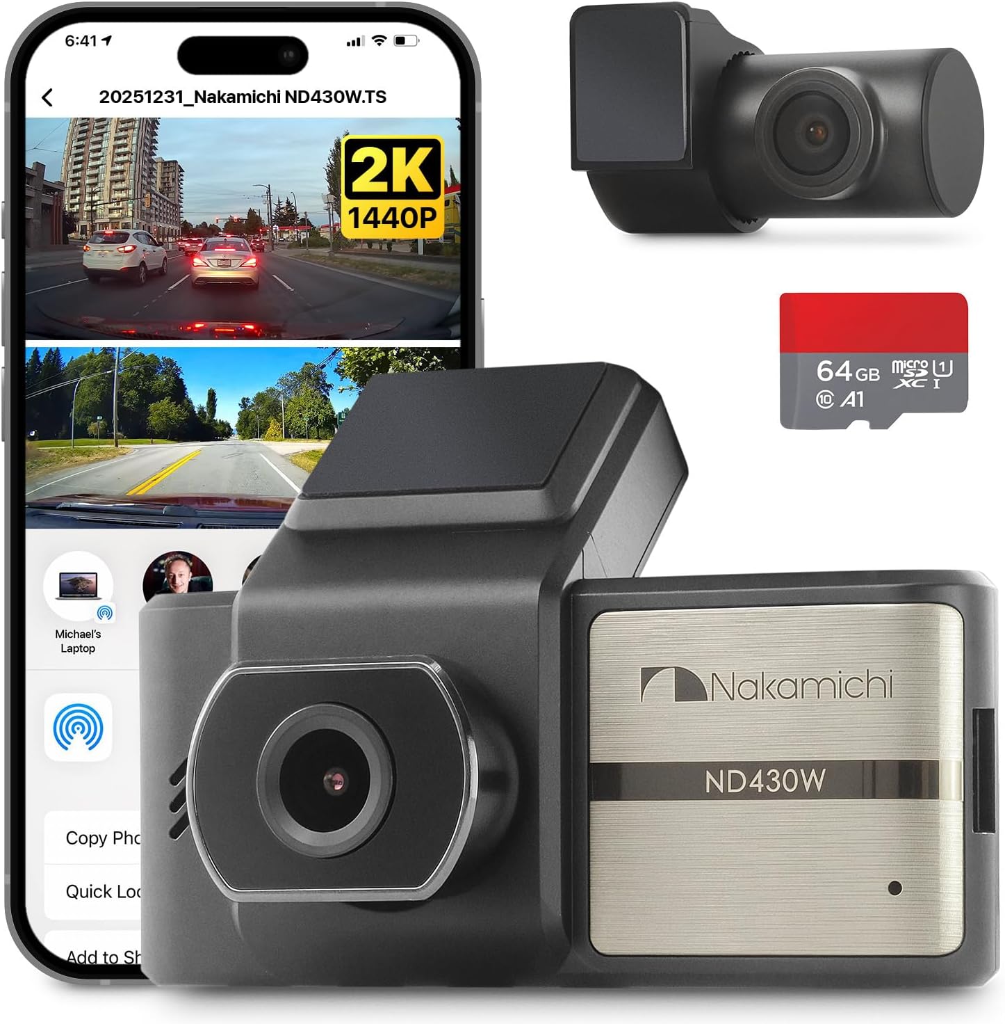 Nakamichi ND430W 2K Quad HD Dash Cam Front and Rear Dashcam, Dual Camera with Parking Monitor, WiFi, Night Vision WDR, 170° Wide Angle, G-Sensor, Loop Recording, App Control, Included 64GB SD Card