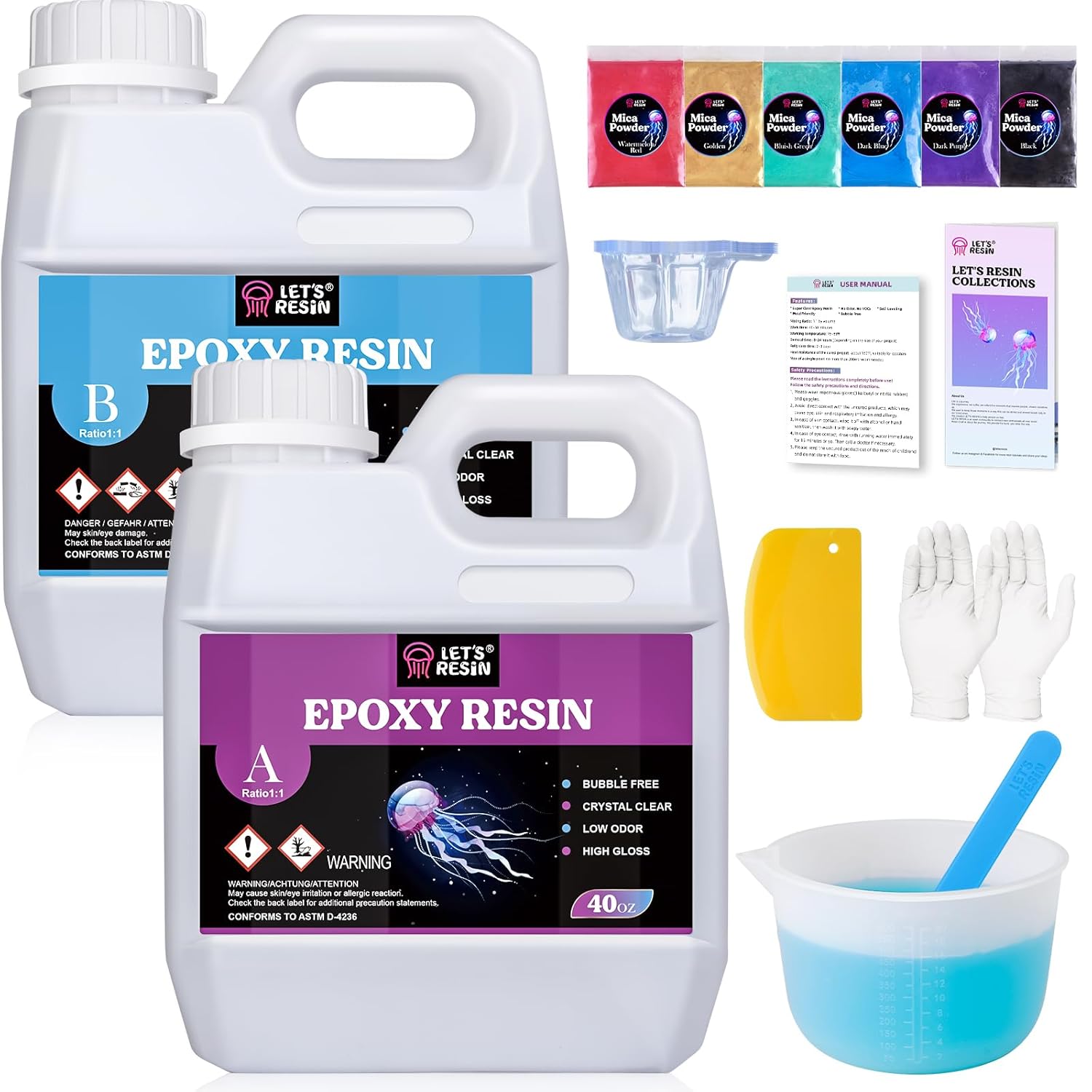 LET'S RESIN 80oz Crystal Clear Casting Resin Kit,Bubbles Free Epoxy Resin Supplies,Clear Resin for Beginner,Tumblers,Molds,Jewelry,Resin and Hardener with 6 Mica Powders,Large Silicone Cup