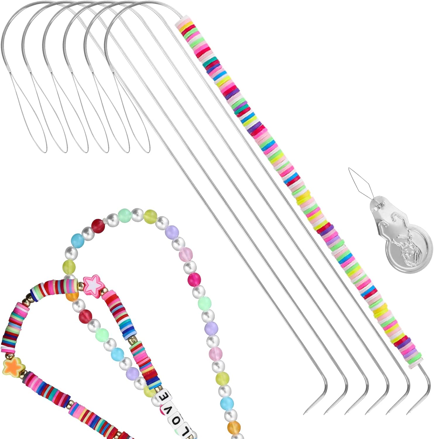 6 PCS Large Eye Curved Beading Needles with 1pc Bead Needle Threader, 13.7cm Flexible Beading Needle for Bead Spinner, Bead Spinner Needles for DIY Beading Jewelry Making Crafts