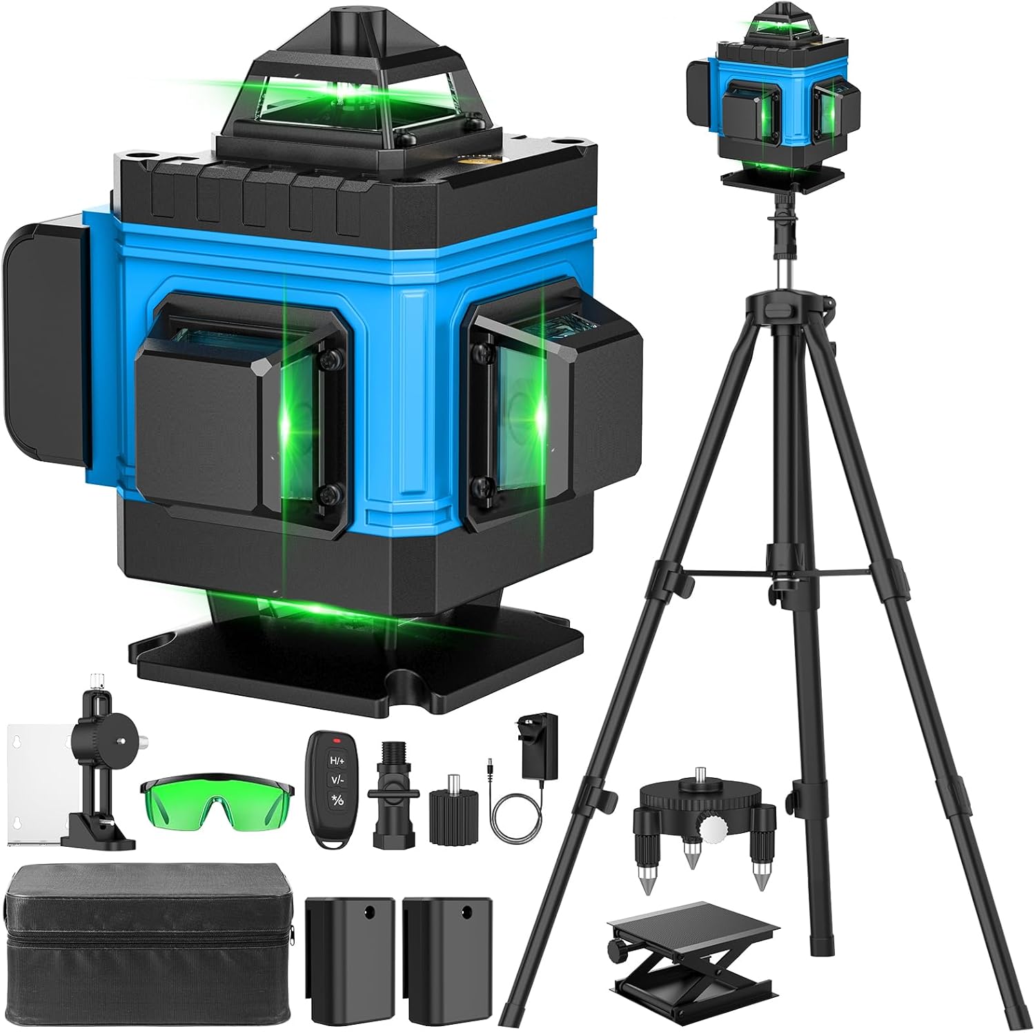 Laser Level with Tripod Self Leveling 4x360°, 4D 16 Lines Green Laser Level with 2 x 2400mAh Batteries, Adjustable Tripod, Swivel Base Remote Control Wall Bracket, IP54 Waterproof and Dustproof(Blue)