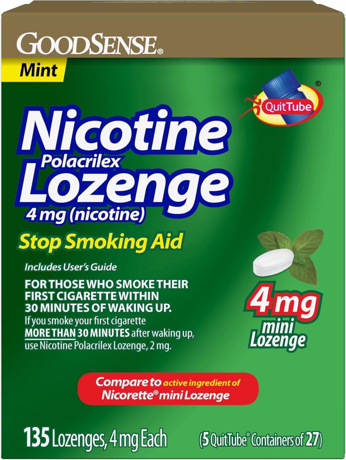 GoodSense Mini Nicotine Polacrilex Lozenge, 4 mg (Nicotine), Mint Flavor, Stop Smoking Aid, 135 Count