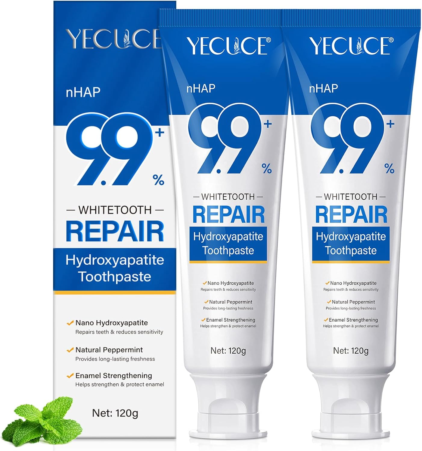 2PCS 9.9% Hydroxyapatite Toothpaste for Enamel Repair and Tooth Strengthening, Nano Hydroxyapatite Remineralizing Toothpaste, Fluoride Free Gentle Whitening Tooth Paste for Sensitive Teeth, Fresh Mint