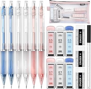 Four Candies Mechanical Pencil Set with Case, 6PCS Aesthetic Mechanical Pencils 0.5 & 0.7mm with 360PCS HB Lead Refills, 3PCS Erasers, 9PCS Eraser Refills for writing, drawing and sketching