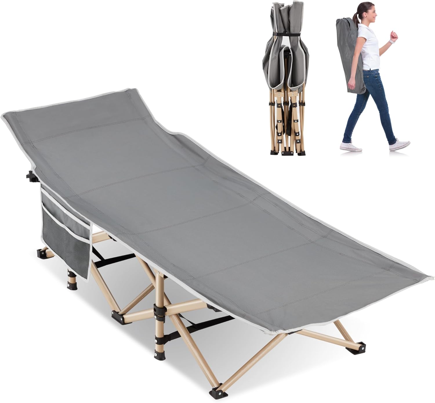 Folding Camping Cot for Sleeping, Portable Cots for Adults, Heavy Duty Cot Bed 550LBS(Max Load), Extra Wider Cots with Large Pocket for Outdoor, Office, Beach(Grey)