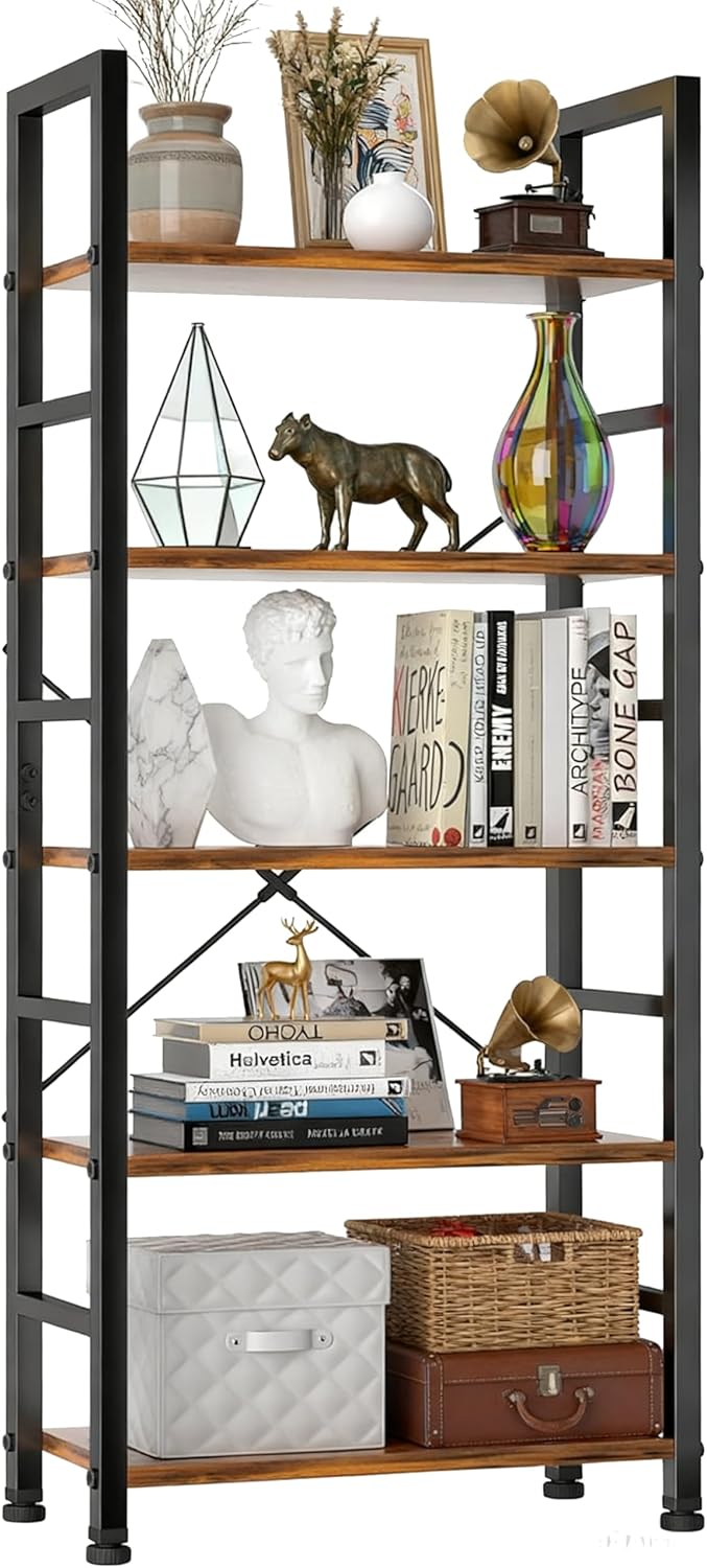 5 Tier Bookshelf, Free Standing Wooden Bookcase with Open Storage Shelves with Metal Frame, Sturdy Shelf Organization Display Rack for Living Room, Bedroom, Home Office, 62.2" Tall, Brown