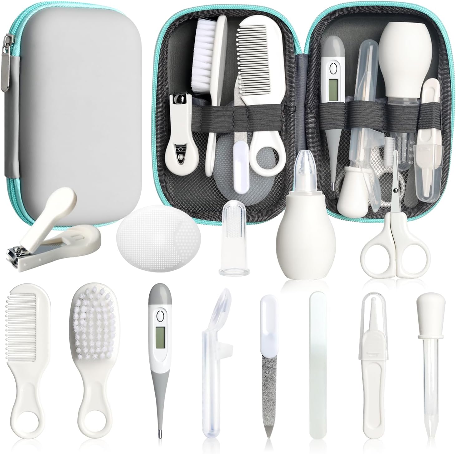 Baby Healthcare and Grooming Kit, 14 in 1 Baby Safety Set Newborn Nursery Health Care Set with Hair Brush Scale Nail Clippers for Baby Girls Boys (14 Kits Grey White)
