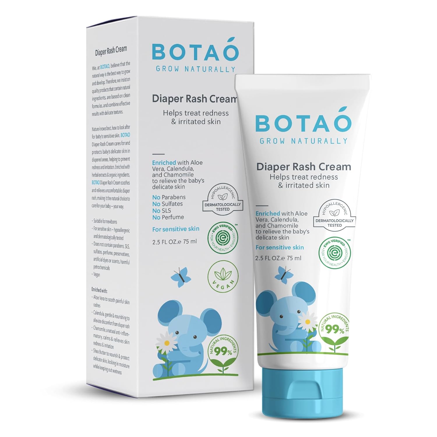 Baby's Natural Diaper Cream | Organic Diaper Cream EWG Verified | Naturally Soothes Baby Rashes | Baby zinc Ointment Natural | For Sensitive Skin with Aloe Vera & Calendula, 2.5Oz