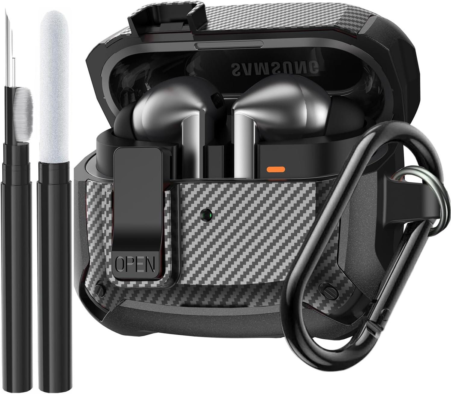 Compatible Samsung Galaxy Buds 3 Pro Case/Bud 3 Cover Clip with Cleaner Kit, Military Shell Protective Armor Case Cover with Lock & Carabiner for Galaxy Buds 3/3 Pro 2024 Men Women Black