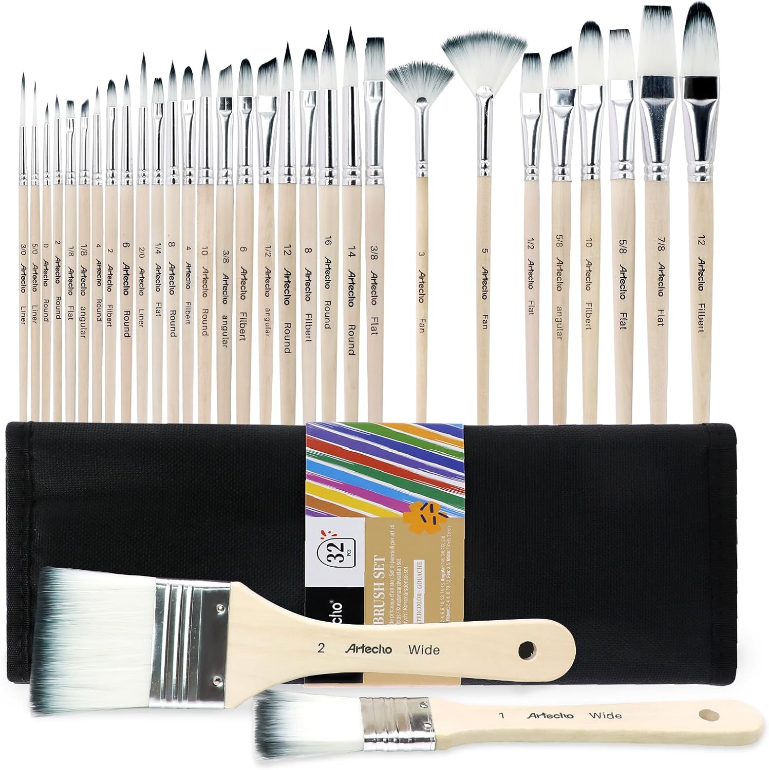 Artecho 32 PCS Art Paint Brushes Set - Watercolor, Acrylic & Oil Painting - Professional Brushes for Artists & Adults