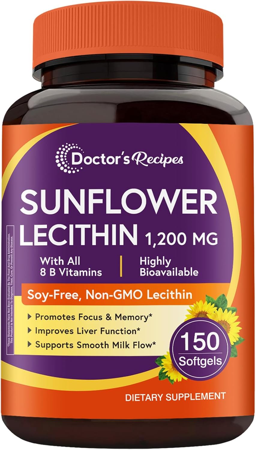 Doctor's Recipes Sunflower Lecithin 1200 mg, for Men & Women, Non-GMO, All 8 B Vitamins with Folate, Methyl B12, B6, Biotin & Inositol, Nerve, Cellular Energy Support, 150 Softgels