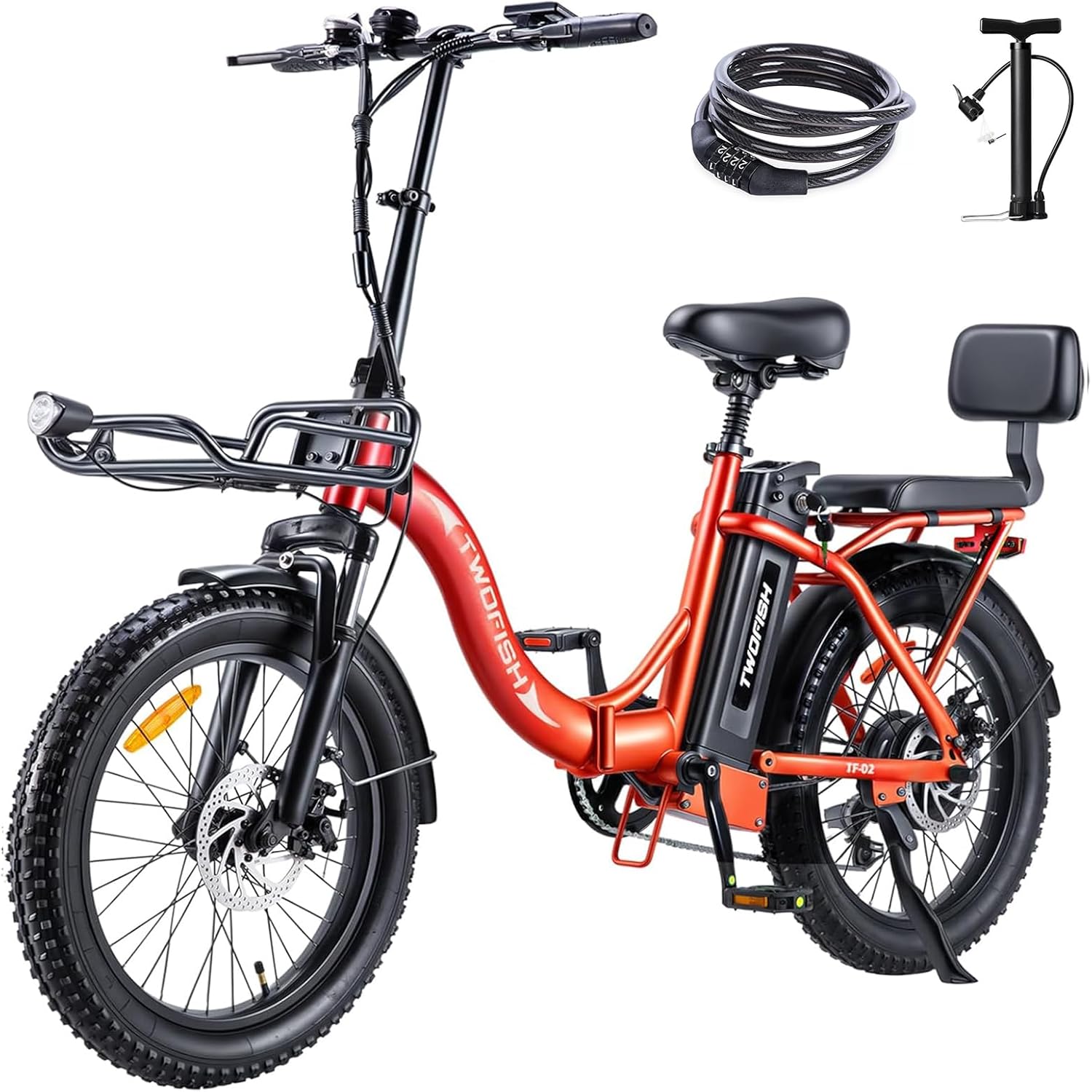 TWOFISH Electric Bike for Adults, Folding Electric Bicycle with 36V 17.8AH Removable Battery, 20"x 3.0" Tire, Disc Brakes, LED Display, Dual Seat, Up to 100km Range, TF-02