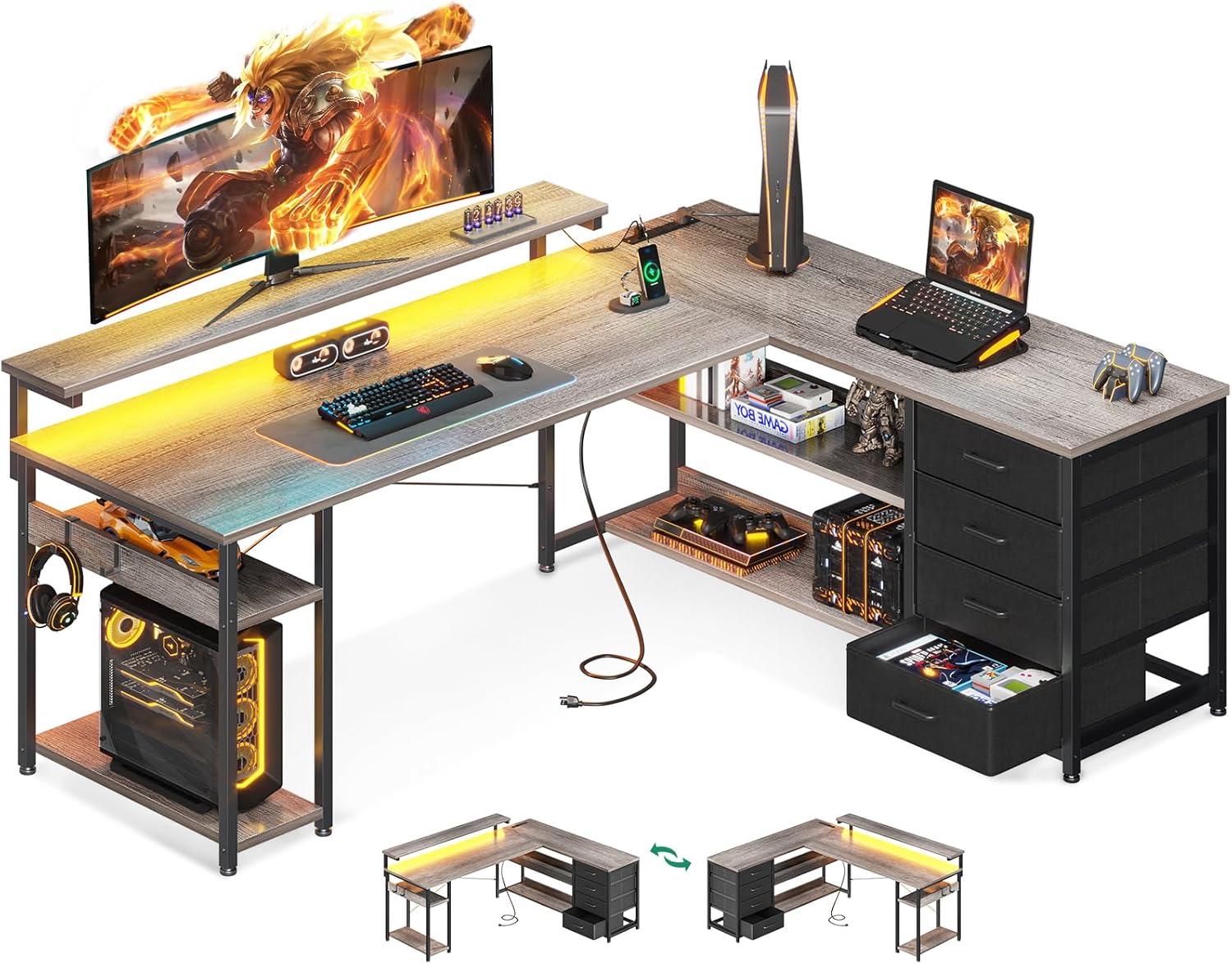 AODK 61" L Shaped Desk with Drawer, Computer Desk with Power Outlets & LED Lights, Reversible Corner Gaming Desks for Home Office Workstation, Office Table with Monitor Shelf, Gray