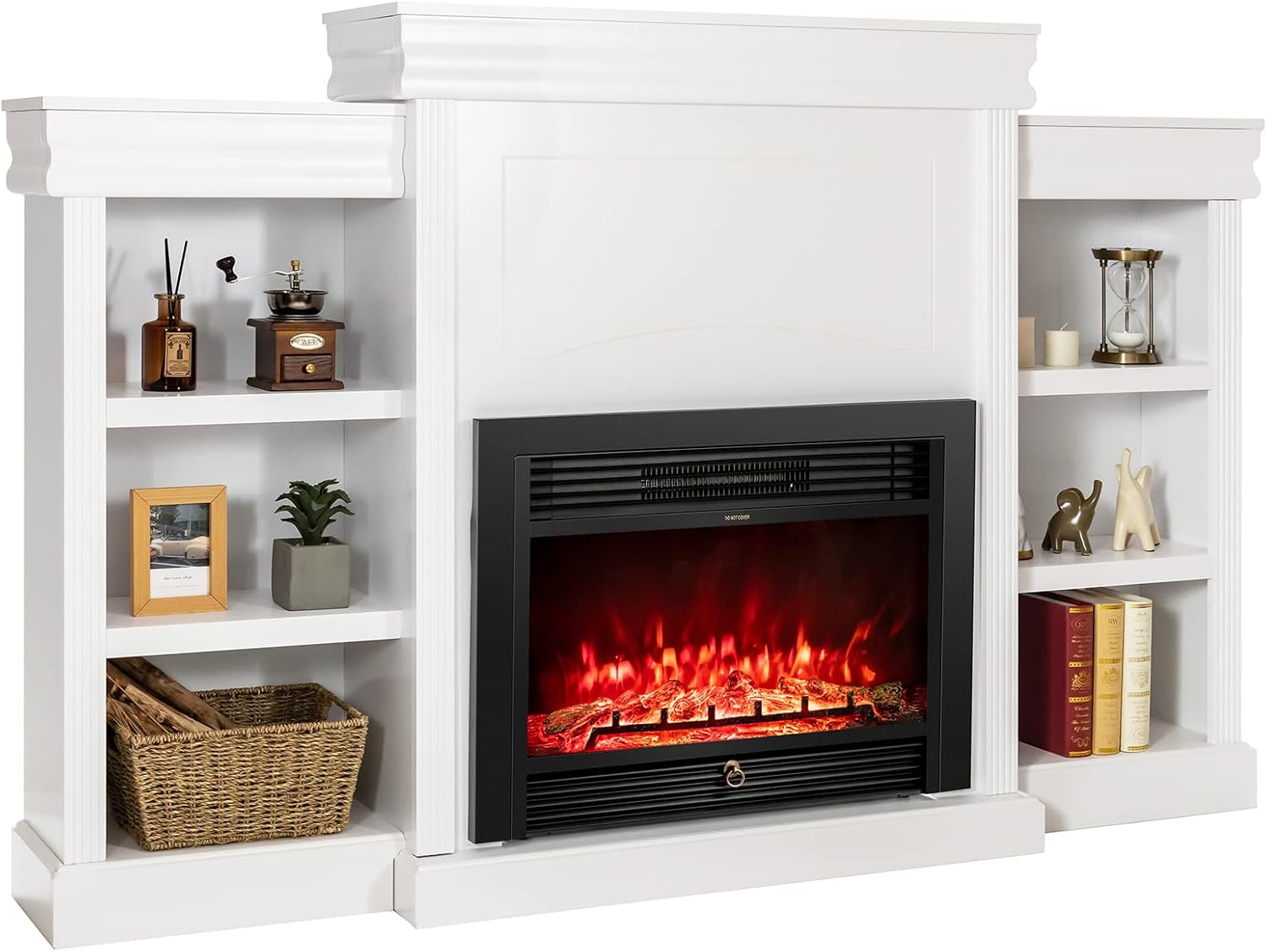 Tangkula 70 Inches Mantel Fireplace, 750W/1500W Electric Fireplace w/Mantel & Built-in Bookshelves, 28.5-Inch Electric Fireplace w/Remote, 1-8H Timer, Adjustable Flame Brightness & Color (White)