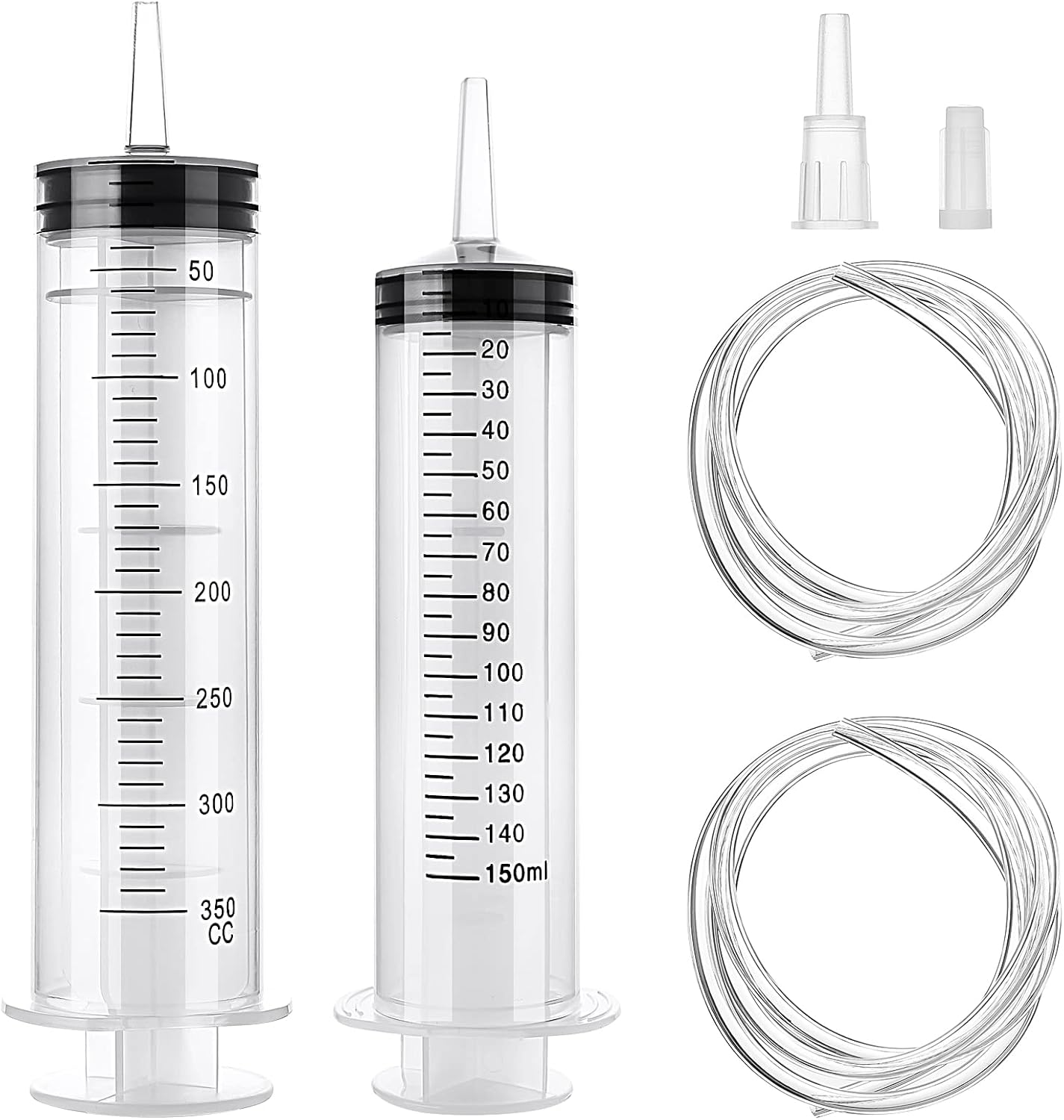 Large Syringe, 150ml+350ml Reusable Liquid Syringe with 2pcs 1m Catheter, Plastic Measuring Tools Oil or Glue Applicator for Laboratory, Industry, Garden, Pet Feeding (150ml+350ml)