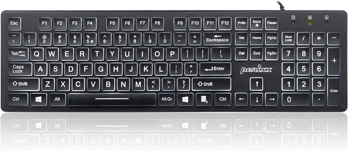 Perixx PERIBOARD-317 Wired Backlit USB Keyboard, Big Print Letter with White Illuminated LED, US English Layout,Black