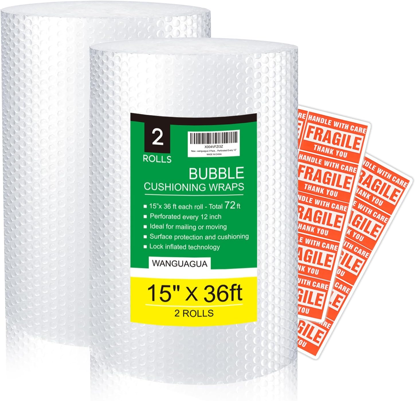 wanguagua 2 Pack 15 Inch x 72 ft Total Bubble Packing Wrap for Moving Boxes Shipping Cushioning Supplies Perforated Every 12”
