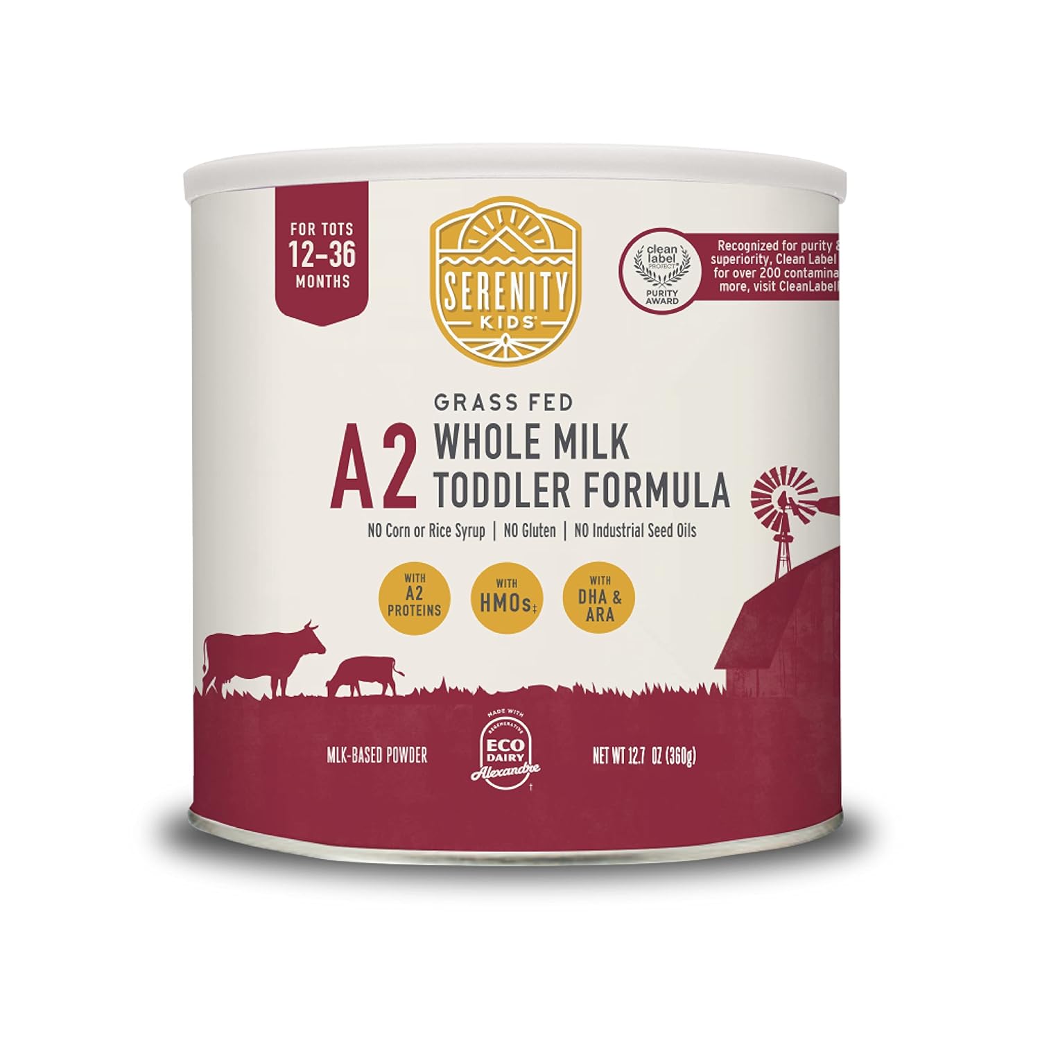 Serenity Kids 12+ Months Toddler Milk Formula Powder - Grass Fed Organic A2 Whole Milk - 12.7oz Can - Clean Label Project Purity Award Certified - 1 Count - Toddler Formula