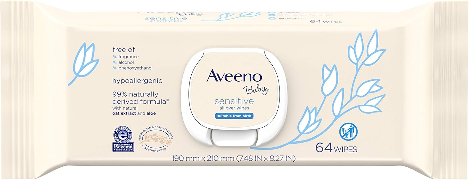 Aveeno Baby Wipes 64 Count Sensitive (Pack of 2)
