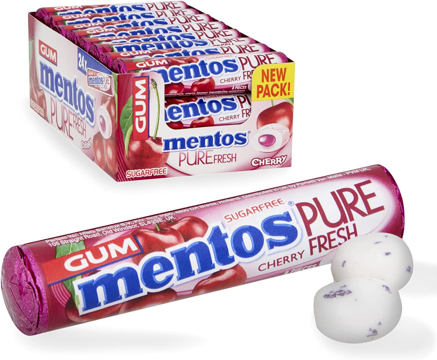 Mentos Gum Pure Fresh Cherry 8 Piece Roll (Pack of 24 Rolls)