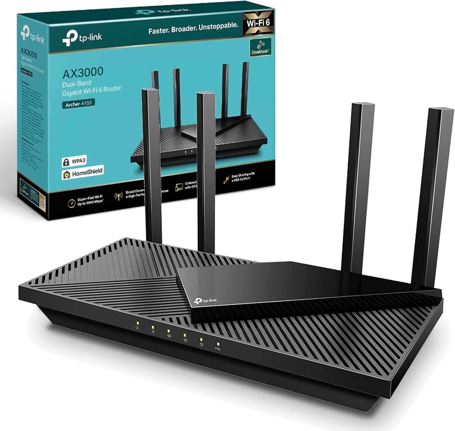 TP-Link Archer AX55 WiFi 6 Router, AX3000 Mbps wifi Booster, Dual Band Gigabit Ports, Internet Booster, Wi-Fi Extender, Ultra-Low Latency, 160MHZ Bandwidth, EasyMesh Compatible, Works with Alexa