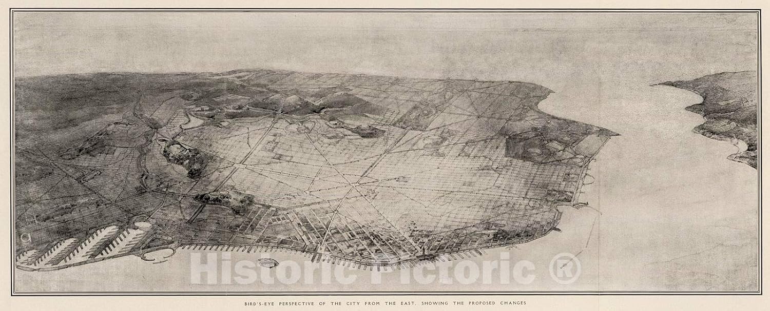 Historic Pictoric Map : Bird's-Eye Perspective from The East Showing Proposed Changes., 1905, Vintage Wall Decor : 89in x 36in