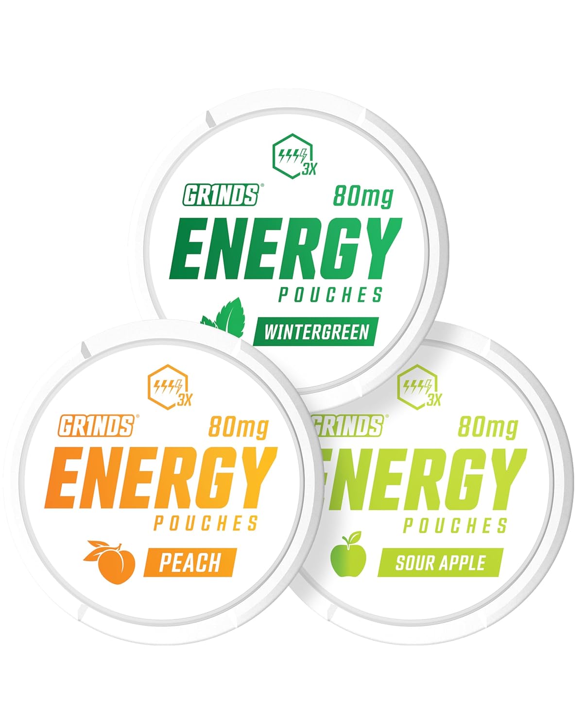 Grinds Energy Pouches - Natural Caffeine Pouches - Contains B-Vitamins, Sugar-Free, & 0 Calories - 80mg of Caffeine in Each Pouch - Wintergreen, Peach, & Sour Apple - 3 Pack, 15 Pouches Per Can
