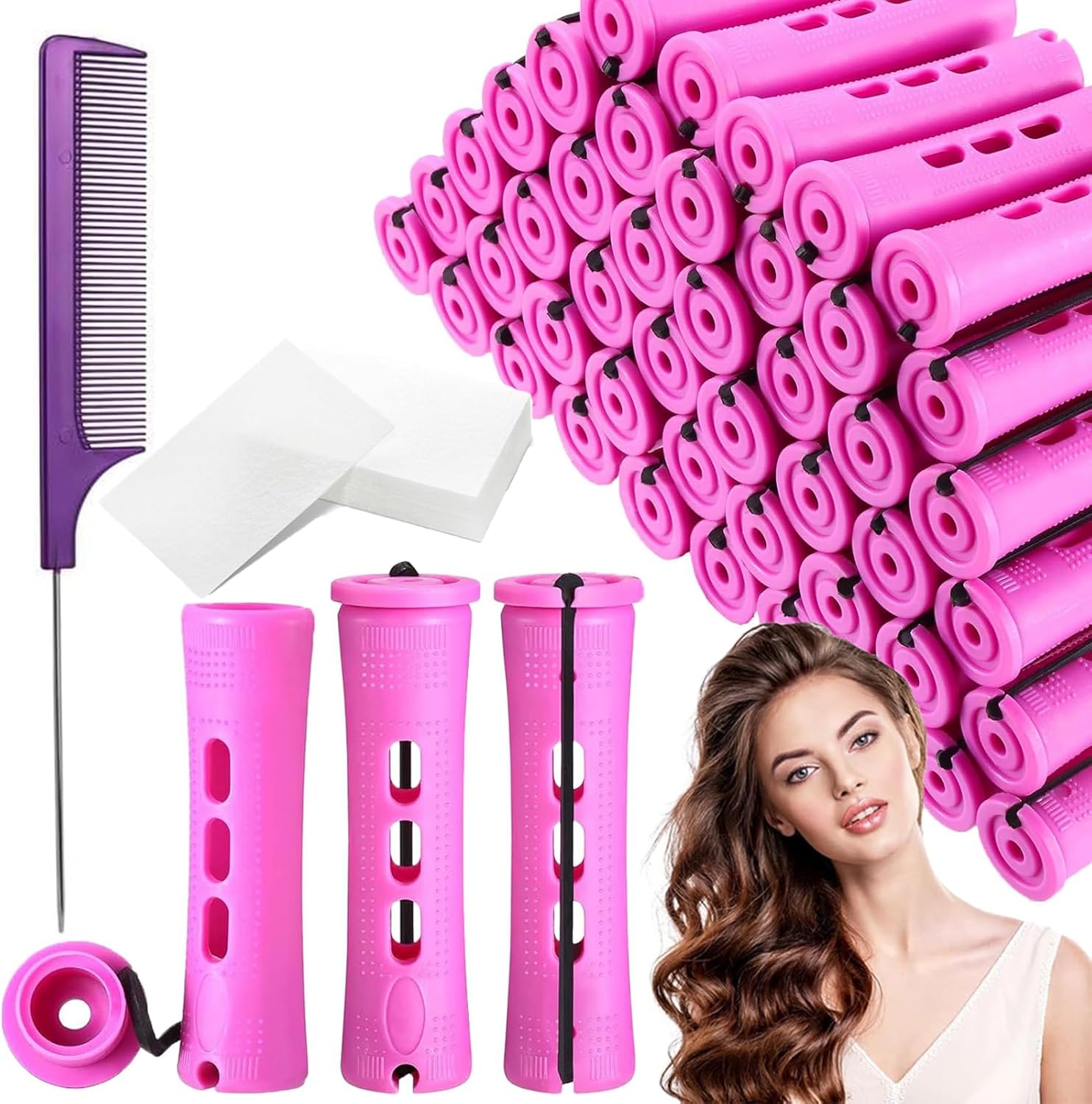 30 Pcs Perm Rods Set, 0.75 Inch Perm Rollers with 30 Perm Papers 1 Rat Tail Comb, Perming Rods with Elastic Rubber Band, Home Hair Perm Kits for Fashionable Curly Hair, Hairstyle Creation