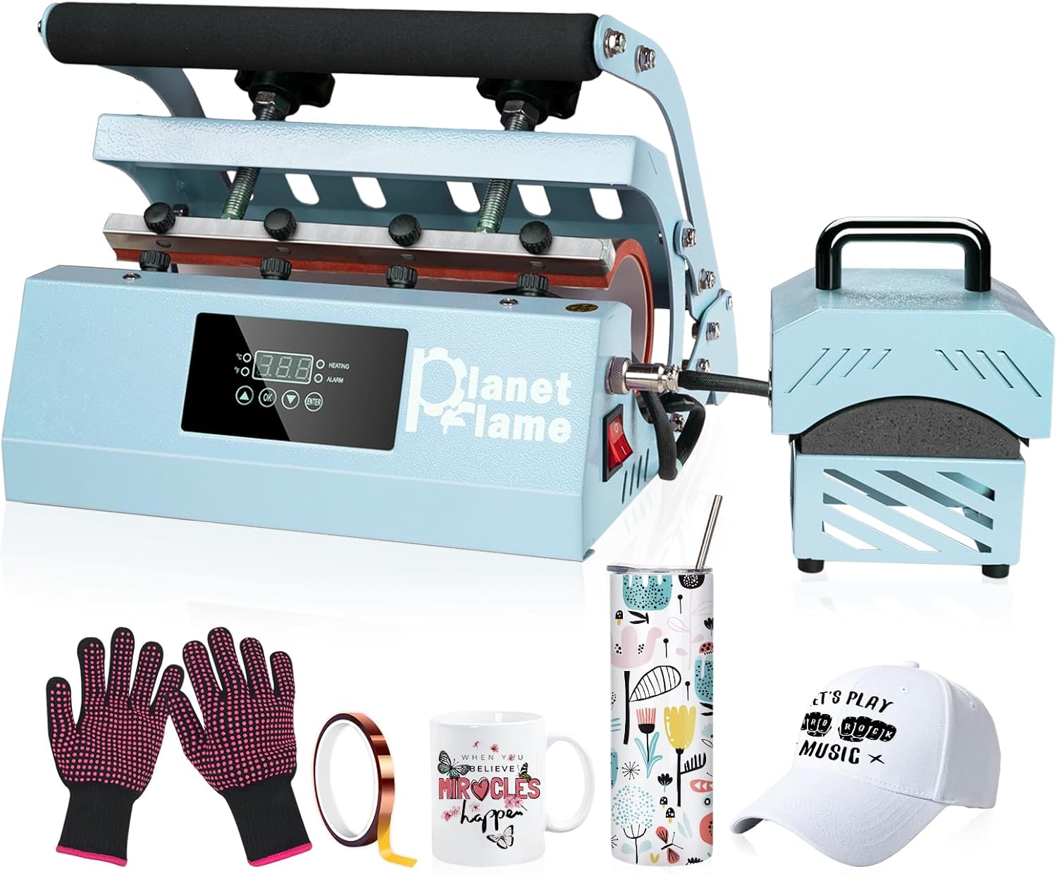 Tumbler and Hat Heat Press Machine, 2-in-1 Combo Machine for Cup and Cap with Gloves and High Temp Heat Resistant Tape for 11oz-30oz Sublimation Tumbler and All Caps, Blue