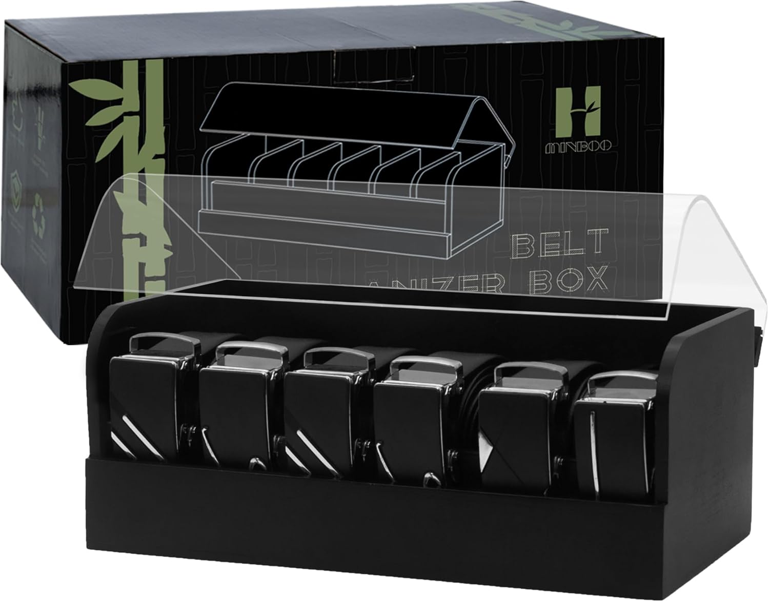 MinBoo Bamboo Belt Organizer Box,6 Grids Belt Rack for Closet and Drawer, Belt Storage Organizer and Displayer for Men Women，Black