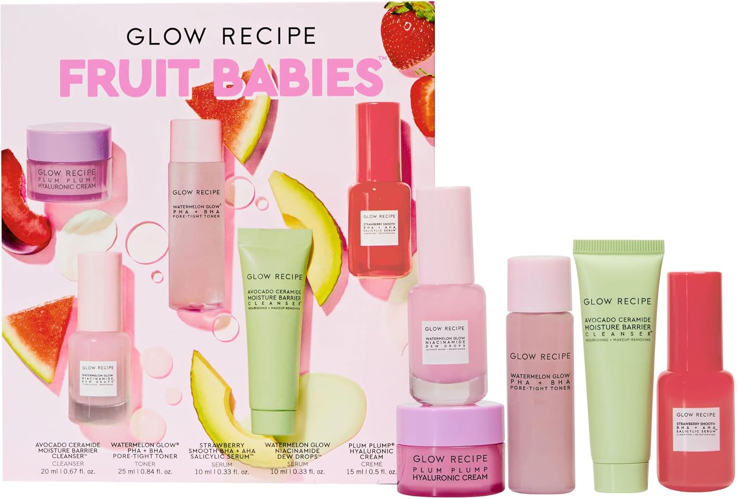 Glow Recipe - Fruit Babies s Kit Mini Travel Size Beauty Essentials Avocado Foam Cleanser, Niacinamide Dew Drops Serum, Pore-Tight Toner, Salicylic Hyaluronic Acid Cream (5 Count), 0.65 pounds