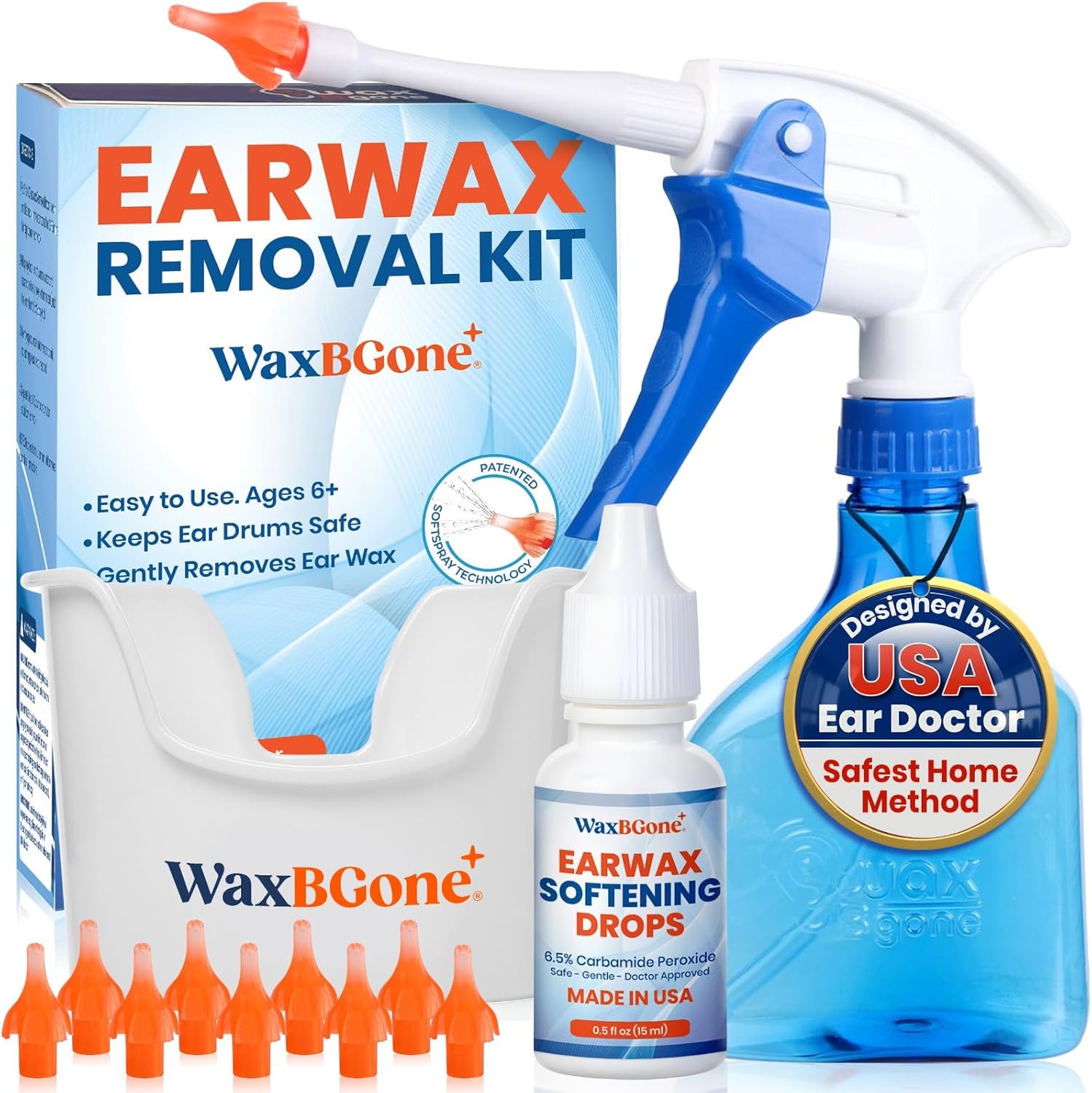 WaxBgone Ear Cleaner Earwax Removal Kit, Ear Wax Cleaner, Ear Irrigation Flushing System, Ear Wax Remover Kit, Ear Cleaning Kit & Ear Flush Kit for Adults + (Earwax Removal Drops, & 10 Tips)