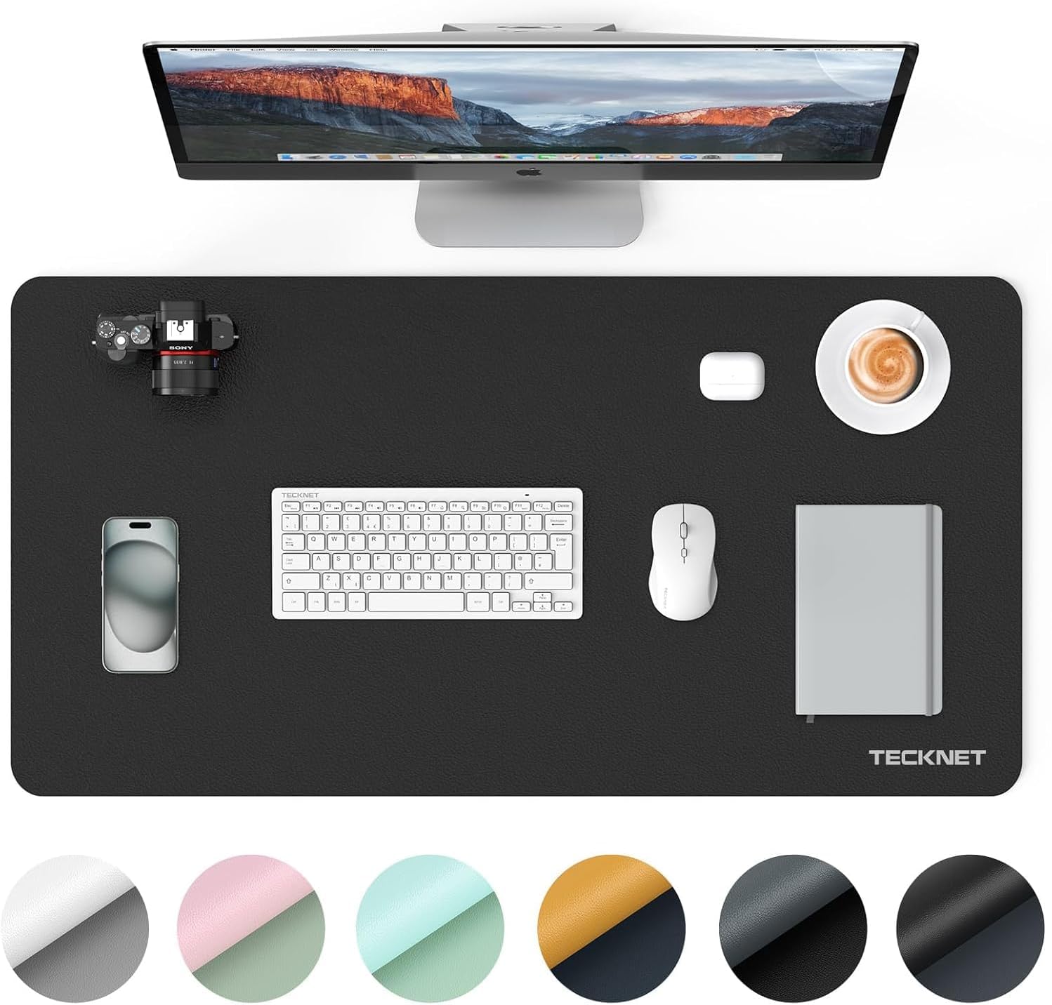 TECKNET Desk Mat Large - 800x400mm Double-Sided Leather Desk Pad, Ultra Thin Large Mouse Pad, Waterproof Desk Pad for Computer, Wipeable Laptop Desk Protector Mat for Office and Home (Grey & Black)