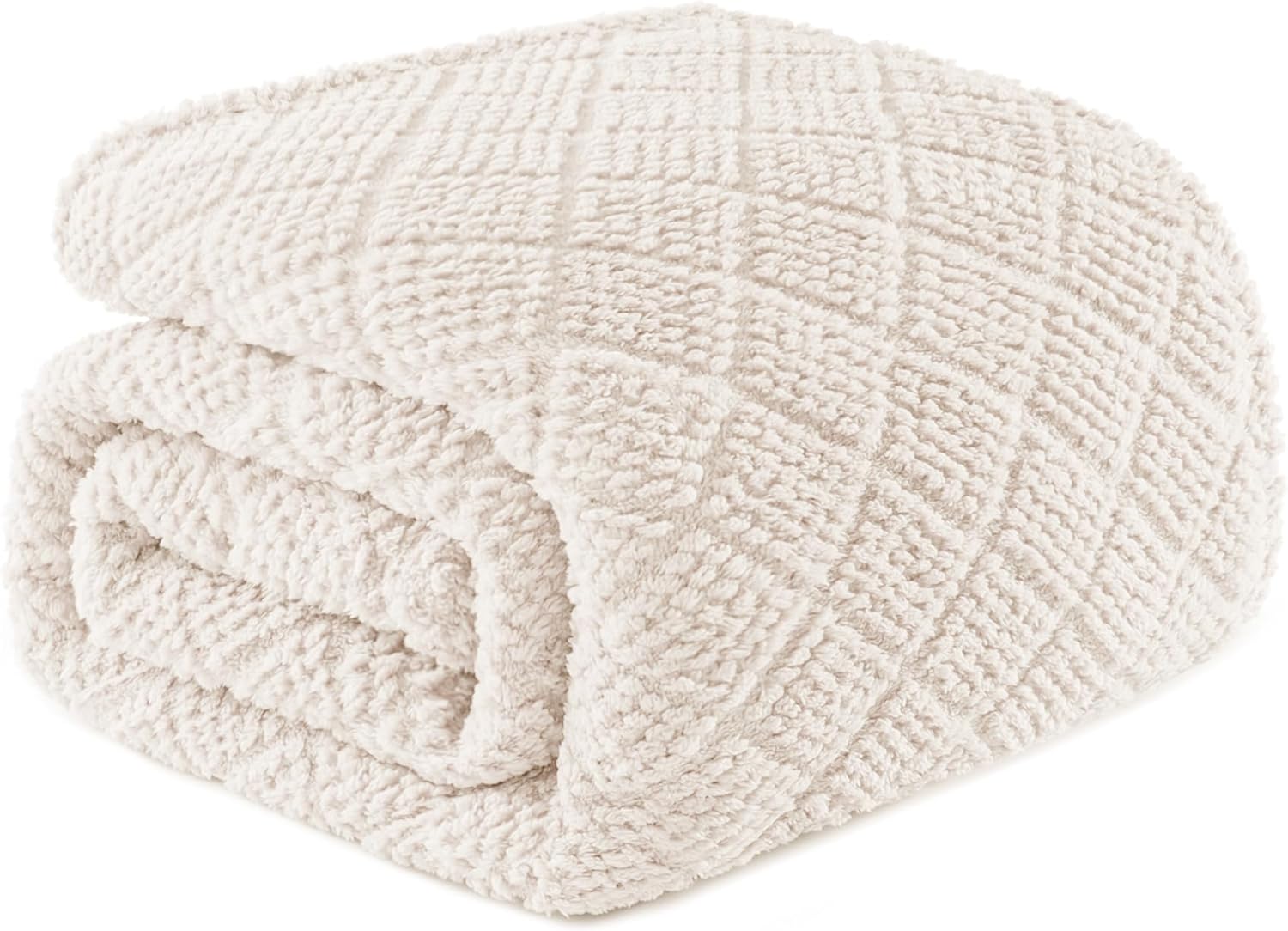 Whale Flotilla Fuzzy Fleece Queen Size Blanket for Bed, Soft Fluffy Jacquard Waffle Blankets for All Season, Lightweight and Warm, 90x90 Inch, Ivory