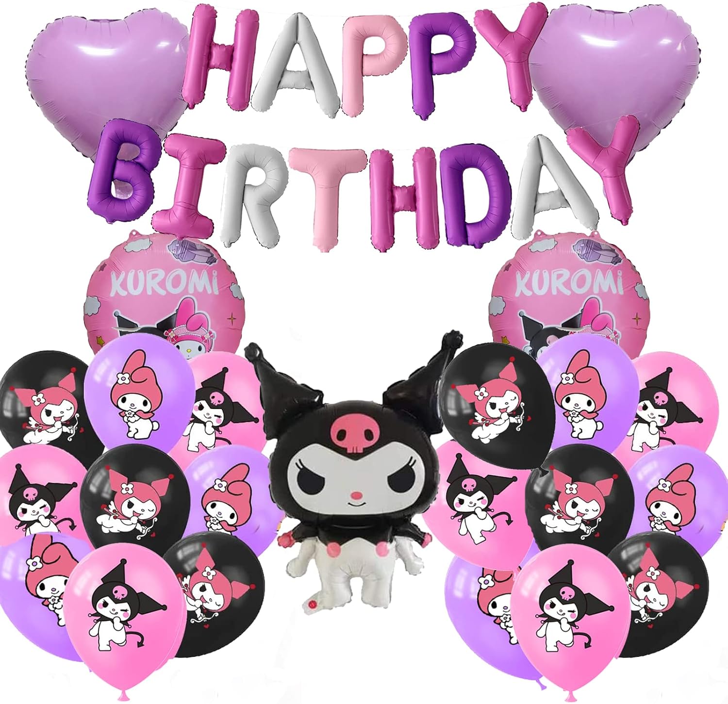 Kawaii Kuromi Birthday Party Decorations - Happy Birthday Balloons Banner, Cartoon Foil Balloons for Fans, Baby Shower Party Supplies