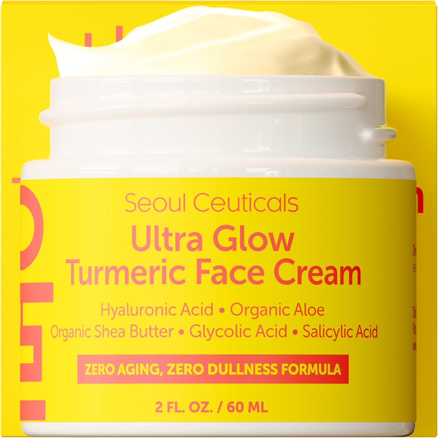 SeoulCeuticals Korean Turmeric Face Cream - Face Moisturiser for Dull Dry Skin - Skincare Zero Aging Cream - K Beauty Skin Care for Glowing Skin - Glycolic Acid Ultra Glow Cream for Women - 2oz