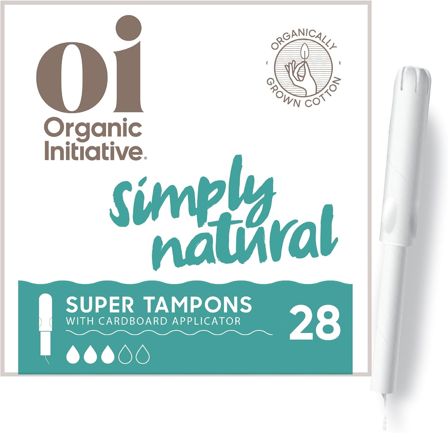 Oi Organic Tampons | Super Absorbency | 100% Certified Organic Cotton, Unscented | Cardboard Applicator | Leak Free, Easy Grip | 28 Count