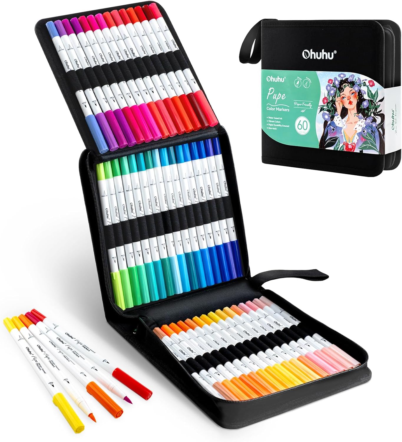 Ohuhu 60 Colours Markers Water-Based, Paper-friendly (No Peeling) Colouring Pens, Dual Tips Brush Pens for Beginner Adult Colouring Books, Coloring Markers for Calligraphy Drawing Journal - Pupe