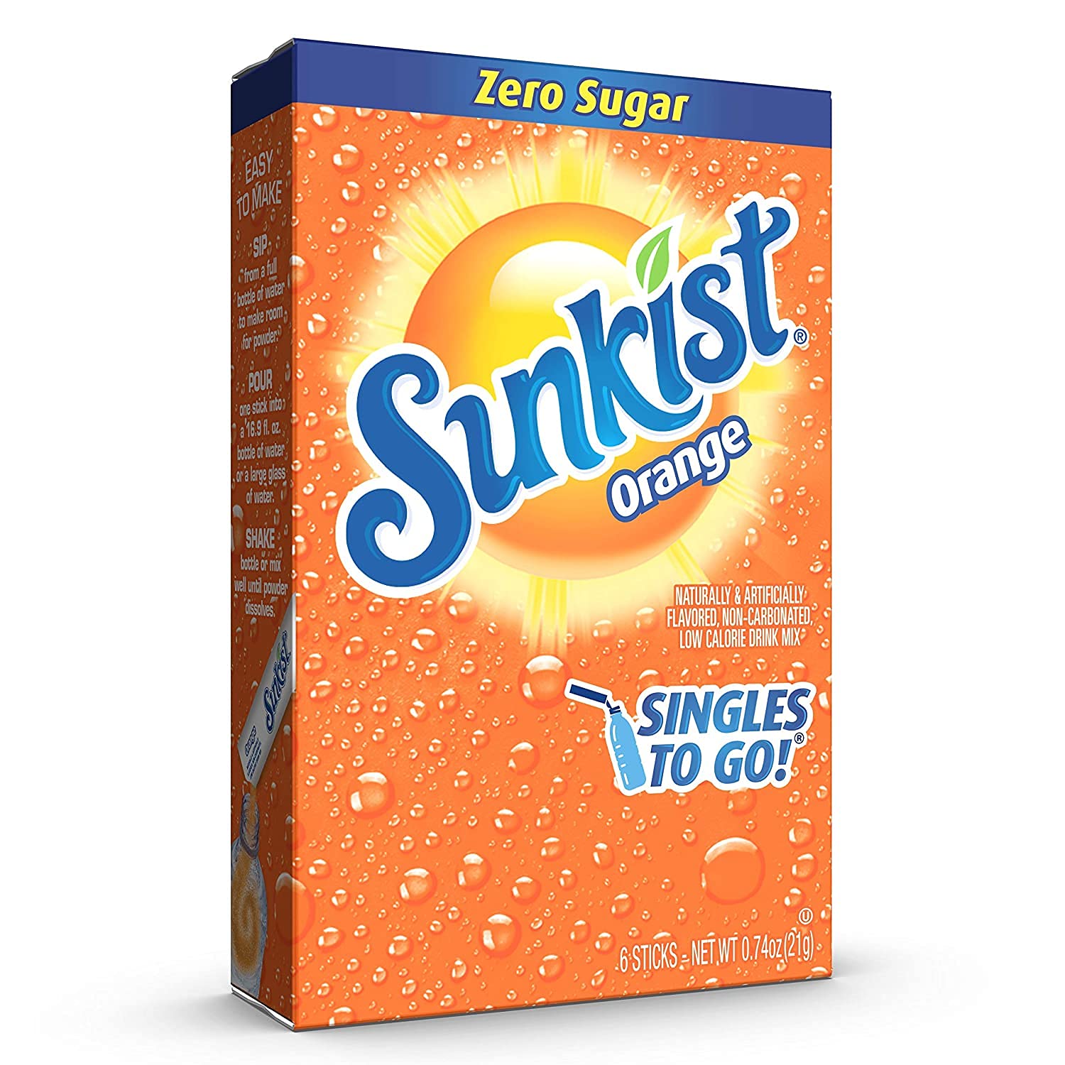 SINGLES TO GO! Sunkist Singles To Go Drink Mix Orange, 3 Boxes with 6 Packets Each -18 Total Servings