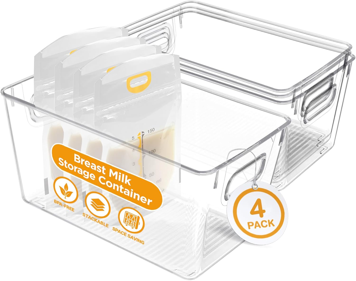 Priver - Breast Milk Freezer Storage Containers, 4 pack - Breastfeeding Essential in Organization and Storage for Milk & Baby Bottles, Reusable Freezer Organizer Bins, 5.2’’ W x 9.3" L x 4.2" H