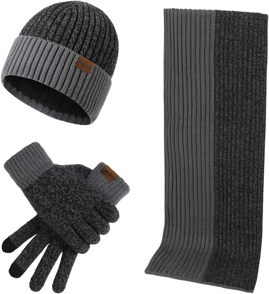Winter Mens Hat Scarf Gloves Set, Thermal Warm Knitted Beanie Cap Touchscreen Glove Long Scarf Outdoor Sports Super Soft Fleece Inner Lining Stretchy Elastic Gifts for Men Women