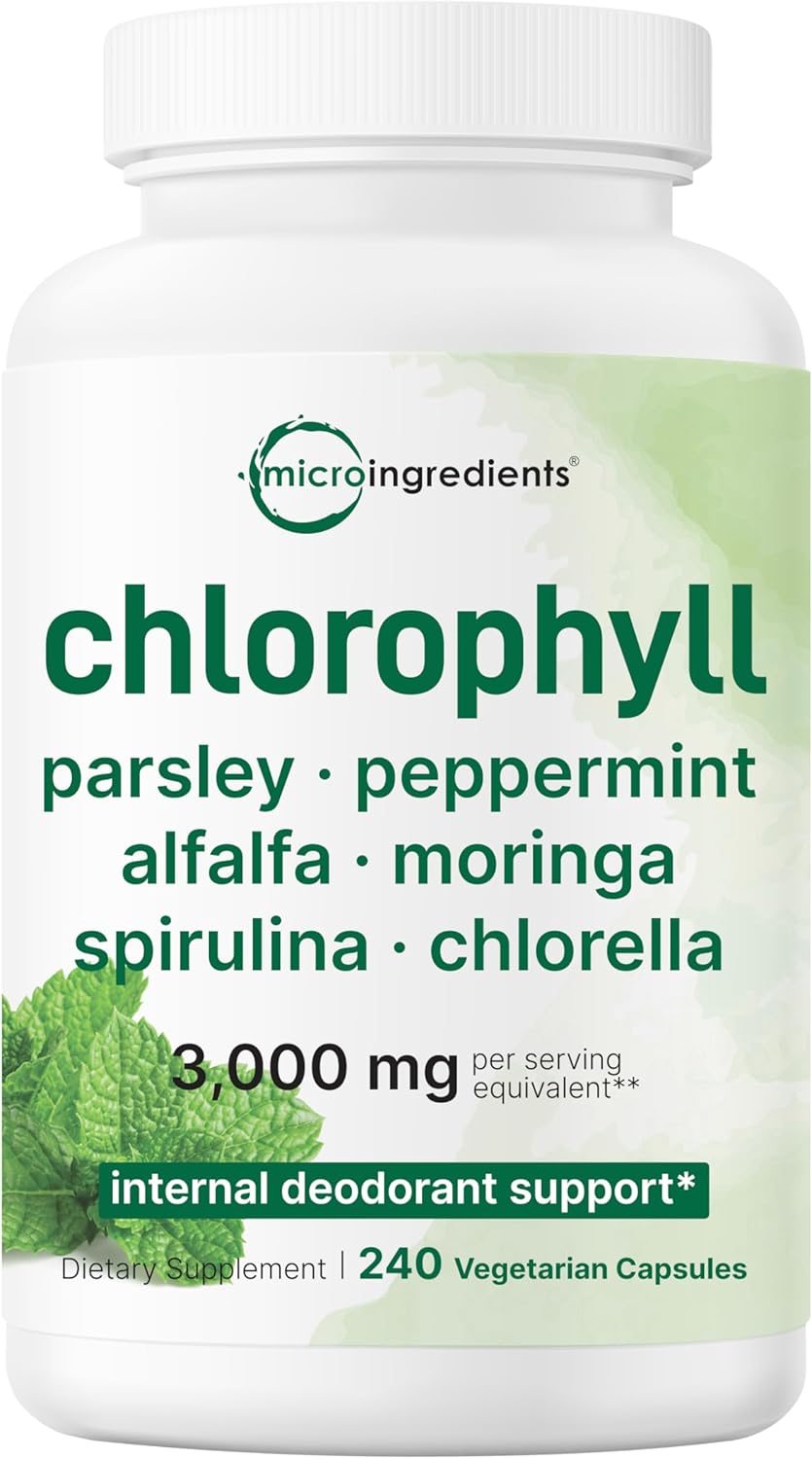 Chlorophyll 3,000mg Equivalent | 240 Veggie Capsules with Parsley, Peppermint, Alfalfa, Moringa, Spirulina, & Chlorella | Super Greens | Internal Deodorant, Skin, Gut, & Immune Support