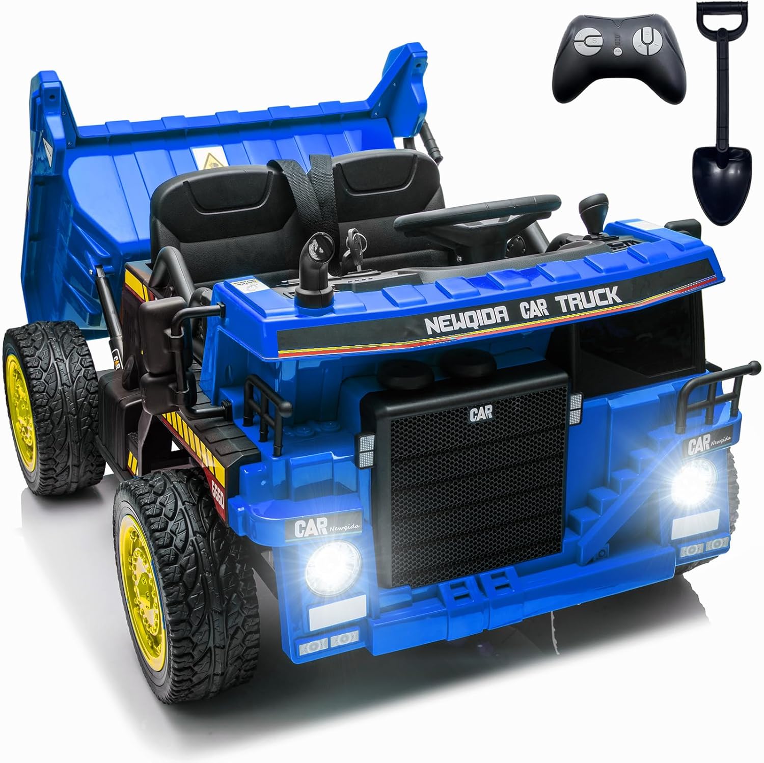 NEWQIDA Kids Ride on Dump Truck 24V, Battery Powered Electric Vehicles with Remote Control, Electric Dump Bed and Shovel, 2x75W Powerful Motors, 19" Spacious Seat, Soft Start, Up to 4.4 Mph, Blue