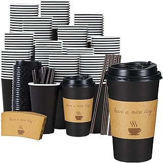 Lamosi 16 OZ 50 Pack Coffee Cups, 16 Ounce To Go Cups with Lids, Stir Sticks and Sleeves, 16 Ounce Disposable Coffee Cups, 16 Ounce Black Hot Paper Cups for Home, Travel, Office