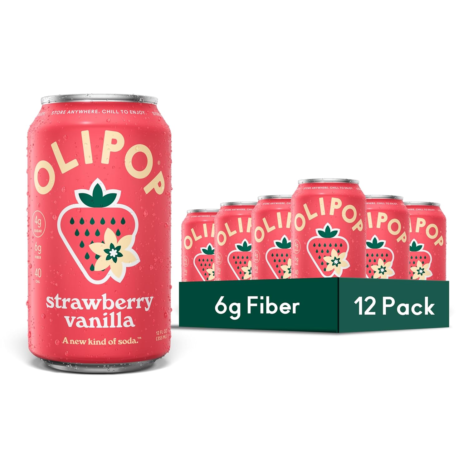 OLIPOP Prebiotic Soda Pop, Strawberry Vanilla, Pantry Pack Packed with Prebiotics, Fiber, and Botanicals, Gluten Free, GMO Free, 12oz (12-Cans) (Packaging May Vary)