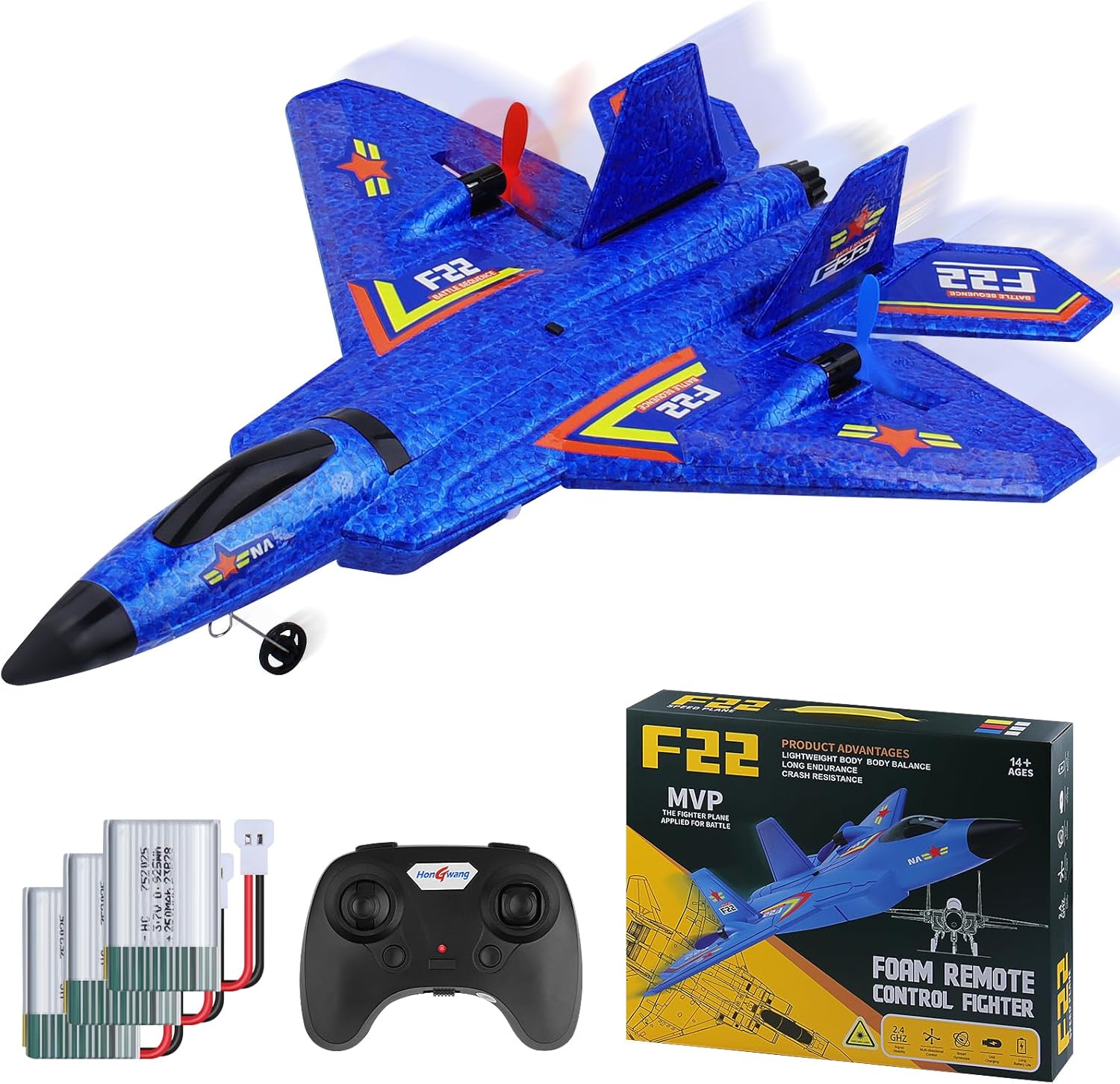 yusvwkj RC Airplane, F22 RC Plane with 3 Batteries Ready to Fly, 2.4GHz Remote Control Airplane with Colored LED Lights, Airplane Toy Remote Controlled Fighter RC Glider for Kids Beginners Adults