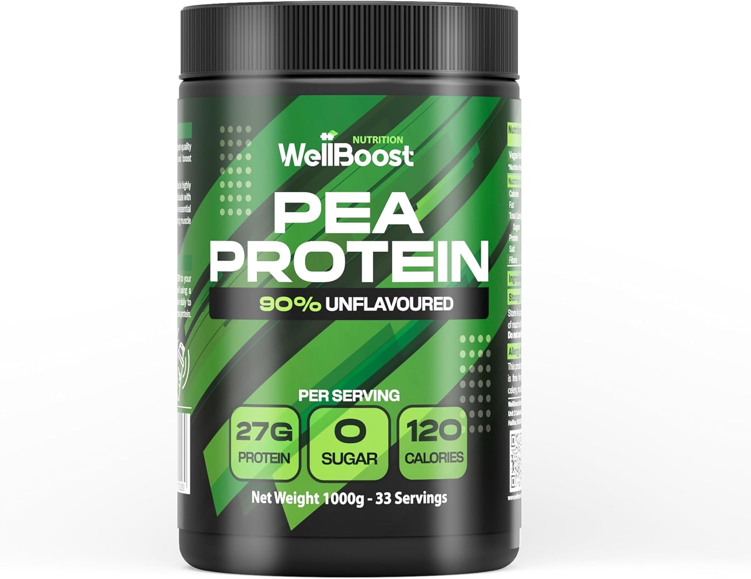 WellBoost Pea Protein Powder 1kg – Plant-Based 90% Protein, Unflavoured & Sugar-Free Supplement for Lean Muscle Growth – 33 Servings.