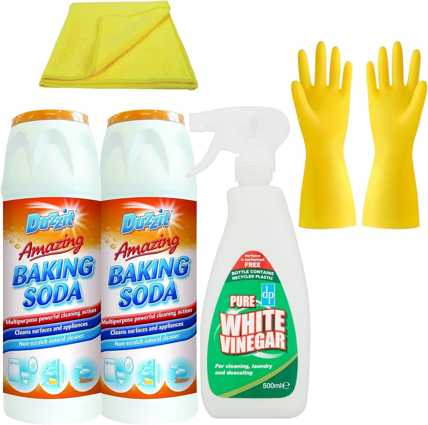 Cleaning Supplies Bundle: Baking Soda and White Vinegar for Cleaning - Includes 2 x Duzzit Baking Soda 350g, Dri Pak Pure White Vinegar Cleaning Spray, Microfibre Cloth, and Yellow Cleaning Gloves