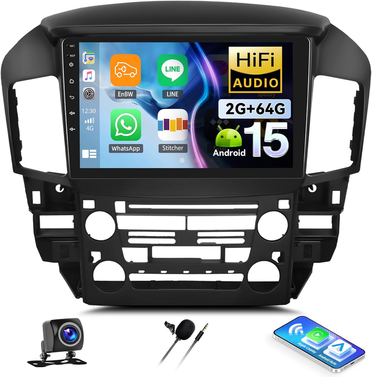 2G+64G Android 15 Car Stereo for Lexus RX300/Toyota Harrier 1997-2003 with Wireless Carplay Android Auto,9'' Touchscreen Car Radio with GPS Navigation,Bluetooth,WiFi/FM/RDS Radio,SWC+Backup Camera