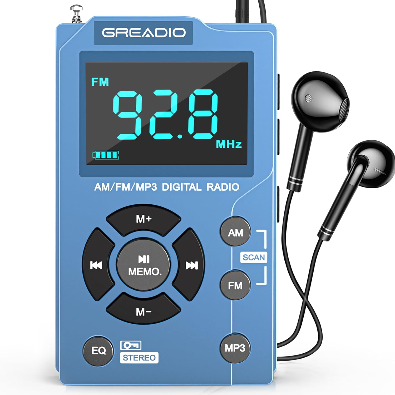 Greadio Portable AM FM Radio with MP3 Player, Best Reception Pocket Radio, Large LCD Screen and Easy to Use, 6 EQ Stereo, Earphone Jack for Jogging, Walking, Camping