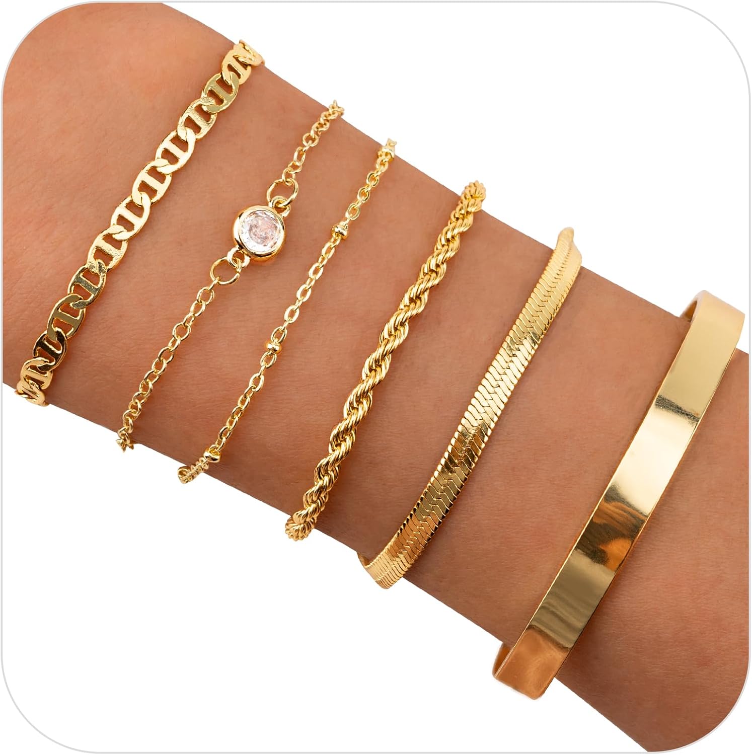 6Pcs Gold Bracelet for Women, 14K Gold Plated Stacking Bracelets Rope Cuban Figaro Herringbone Bead Chain Bracelets Adjustable CZ Link Gold Bracelet Set for Women Girls